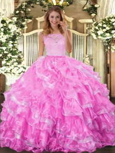 Rose Pink Ball Gowns Lace and Ruffled Layers Quince Ball Gowns Clasp Handle Organza Sleeveless Floor Length