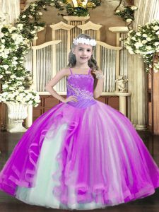 Attractive Fuchsia Sleeveless Beading Floor Length Kids Pageant Dress