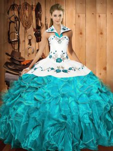 Custom Design Embroidery and Ruffles Quinceanera Dress Aqua Blue Lace Up Sleeveless Floor Length