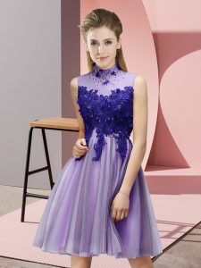 Fantastic Knee Length Lace Up Damas Dress Lavender for Prom and Party and Wedding Party with Appliques