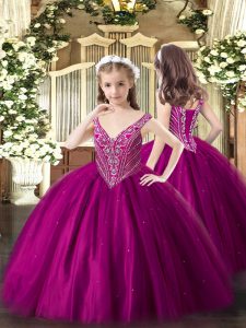 Adorable V-neck Sleeveless Lace Up Glitz Pageant Dress Fuchsia Tulle