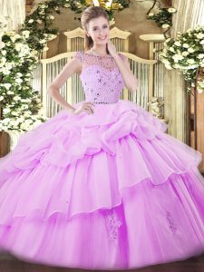 Spectacular Floor Length Lilac Sweet 16 Dresses Tulle Sleeveless Beading and Ruffles and Pick Ups