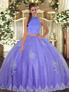 Lavender Tulle Backless 15 Quinceanera Dress Sleeveless Floor Length Beading and Appliques