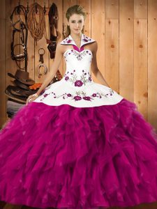 On Sale Floor Length Fuchsia Quinceanera Gown Satin and Organza Sleeveless Embroidery and Ruffles