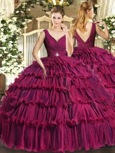 Hot Selling Fuchsia Backless Quinceanera Gown Beading and Ruffled Layers Sleeveless Floor Length