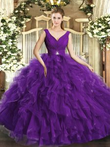 Purple Sleeveless Floor Length Beading and Ruffles Backless Sweet 16 Dresses