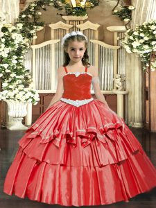 Great Straps Sleeveless Glitz Pageant Dress Floor Length Appliques and Ruffled Layers Coral Red Organza