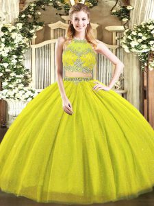 Floor Length Olive Green Quinceanera Gown Tulle Sleeveless Beading