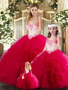 Popular Red Sweetheart Neckline Beading and Ruffles Ball Gown Prom Dress Sleeveless Lace Up