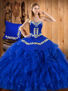 Exquisite Blue Ball Gowns Sweetheart Sleeveless Satin and Organza Floor Length Lace Up Embroidery and Ruffles Quinceanera Dresses
