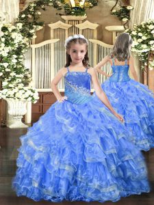 Straps Sleeveless Pageant Dress Womens Floor Length Beading and Ruffled Layers Baby Blue Organza