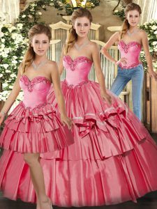 Sophisticated Organza Sweetheart Sleeveless Lace Up Beading and Ruffled Layers Quinceanera Dress in Watermelon Red