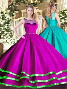 Fuchsia Ball Gowns Organza Scoop Sleeveless Beading and Ruffled Layers Floor Length Lace Up Vestidos de Quinceanera