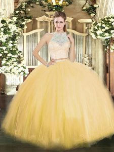 High End Gold Zipper Quinceanera Dress Lace Sleeveless Floor Length
