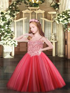 Low Price Coral Red Ball Gowns Spaghetti Straps Sleeveless Tulle Floor Length Lace Up Appliques Girls Pageant Dresses