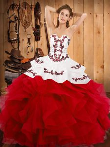 Beauteous White And Red Lace Up Quinceanera Gowns Embroidery and Ruffles Sleeveless Floor Length