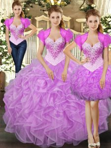 Sumptuous Lilac Straps Lace Up Beading and Ruffles Quinceanera Dresses Sleeveless