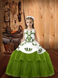 Olive Green Ball Gowns Tulle Straps Sleeveless Embroidery Floor Length Lace Up Winning Pageant Gowns