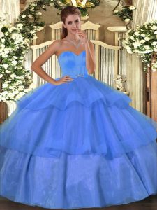 Edgy Baby Blue Lace Up Sweet 16 Quinceanera Dress Beading and Ruffled Layers Sleeveless Floor Length