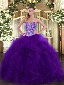 Classical Purple Lace Up 15th Birthday Dress Beading and Ruffles Sleeveless Floor Length