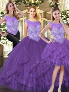 Fashion Organza Scoop Sleeveless Zipper Beading and Ruffles 15 Quinceanera Dress in Purple