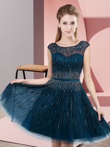 Unique Navy Blue Empire Beading Prom Party Dress Backless Tulle Sleeveless Knee Length