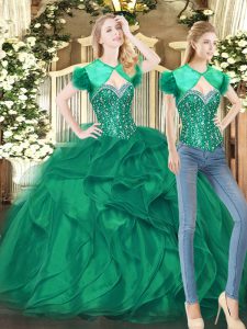 Stylish Dark Green Ball Gown Prom Dress Military Ball and Sweet 16 and Quinceanera with Beading and Ruffles Sweetheart Sleeveless Lace Up