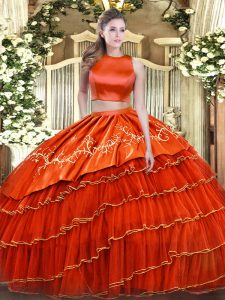 Floor Length Criss Cross Quinceanera Gown Orange Red for Military Ball and Sweet 16 and Quinceanera with Embroidery and Ruffled Layers