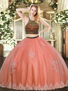 Floor Length Coral Red Quinceanera Gowns Tulle Sleeveless Beading and Appliques