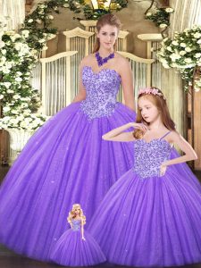 Shining Eggplant Purple Tulle Lace Up Ball Gown Prom Dress Sleeveless Floor Length Beading