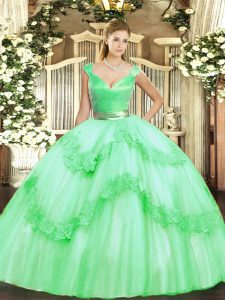 Floor Length Apple Green 15th Birthday Dress Tulle Sleeveless Beading and Appliques