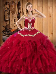 Romantic Wine Red Ball Gowns Satin and Organza Sweetheart Sleeveless Embroidery and Ruffles Floor Length Lace Up 15 Quinceanera Dress