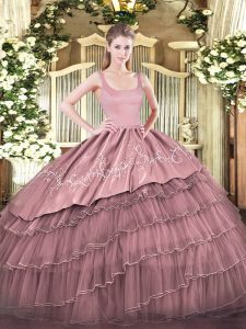 Hot Selling Pink Organza Zipper Sweet 16 Quinceanera Dress Sleeveless Floor Length Embroidery and Ruffled Layers