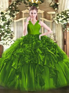 Floor Length Zipper Vestidos de Quinceanera Olive Green for Military Ball and Sweet 16 and Quinceanera with Ruffles