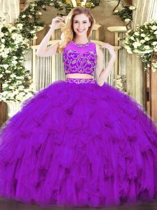 Modern Purple Quinceanera Gown Military Ball and Sweet 16 and Quinceanera with Beading and Ruffles Scoop Sleeveless Zipper