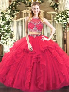 Sleeveless Tulle Floor Length Zipper Quince Ball Gowns in Coral Red with Beading and Ruffles