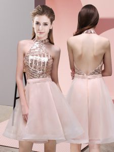 Top Selling Mini Length Baby Pink Bridesmaids Dress Chiffon Sleeveless Sequins