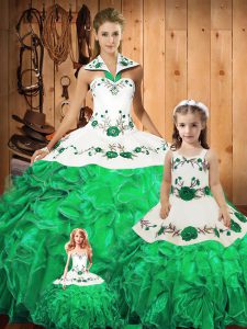 Excellent Halter Top Sleeveless Tulle Vestidos de Quinceanera Embroidery and Ruffles and Bowknot Lace Up