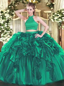 Clearance Turquoise Ball Gown Prom Dress Military Ball and Sweet 16 and Quinceanera with Beading and Ruffles Halter Top Sleeveless Backless