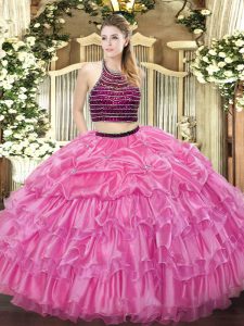 Rose Pink Zipper Halter Top Beading and Ruffled Layers Sweet 16 Dresses Organza Sleeveless