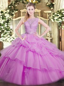 Spectacular Lilac Ball Gowns Organza Scoop Sleeveless Lace and Ruffled Layers Floor Length Backless Quinceanera Dress