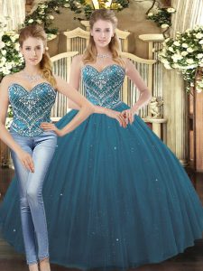 Flare Tulle Sweetheart Sleeveless Lace Up Beading and Ruffles Quinceanera Gowns in Teal