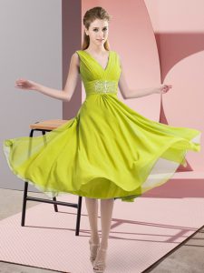 Yellow Green Court Dresses for Sweet 16 Prom and Party and Wedding Party with Beading V-neck Sleeveless Side Zipper