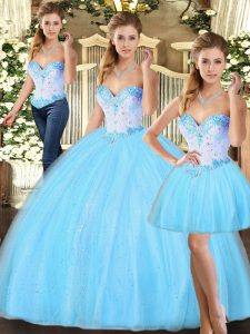 Cheap Baby Blue Three Pieces Tulle Sweetheart Sleeveless Beading Floor Length Lace Up 15th Birthday Dress