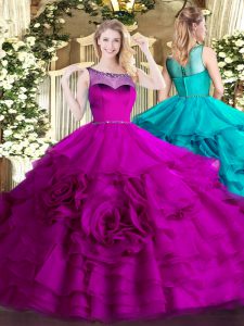 Designer Fuchsia Ball Gowns Scoop Sleeveless Organza Floor Length Zipper Beading and Ruffled Layers Vestidos de Quinceanera