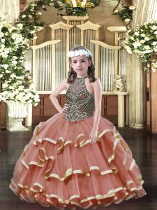 Customized Rust Red Organza Lace Up Little Girl Pageant Gowns Sleeveless Floor Length Beading and Ruffled Layers