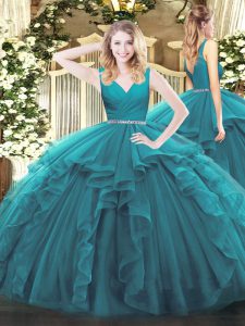 Trendy Floor Length Zipper 15th Birthday Dress Teal for Military Ball and Sweet 16 and Quinceanera with Beading and Ruffles