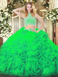Sleeveless Floor Length Beading and Ruffles Backless Quinceanera Dresses with Green