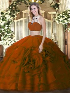 Fancy Two Pieces Quinceanera Dress Brown High-neck Tulle Sleeveless Floor Length Backless