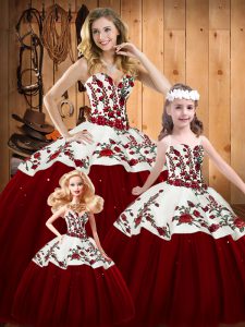 Fine Wine Red Ball Gowns Tulle Sweetheart Sleeveless Embroidery Floor Length Lace Up Sweet 16 Quinceanera Dress
